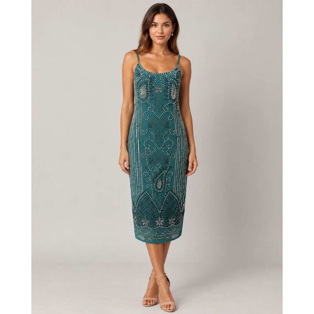 Maya Deluxe Teal Green Beaded Sequin Midi Dress US 10 Art Deco Evening